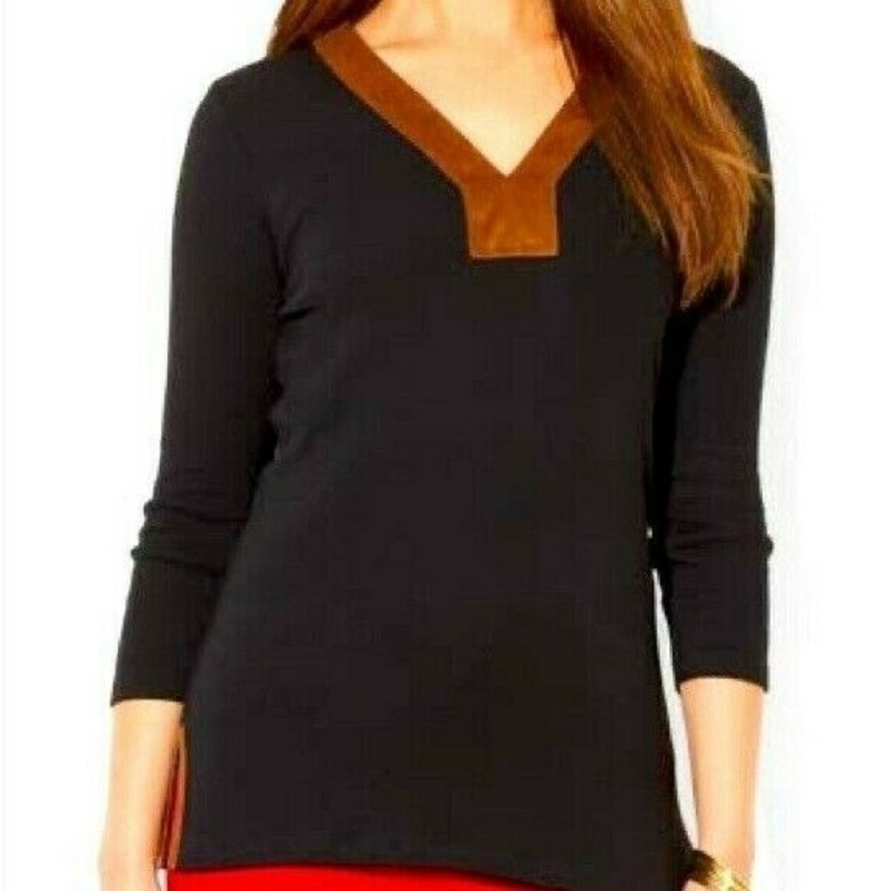Lauren Ralph Lauren Faux Suede Trim V-Neck Top Size Medium NWT